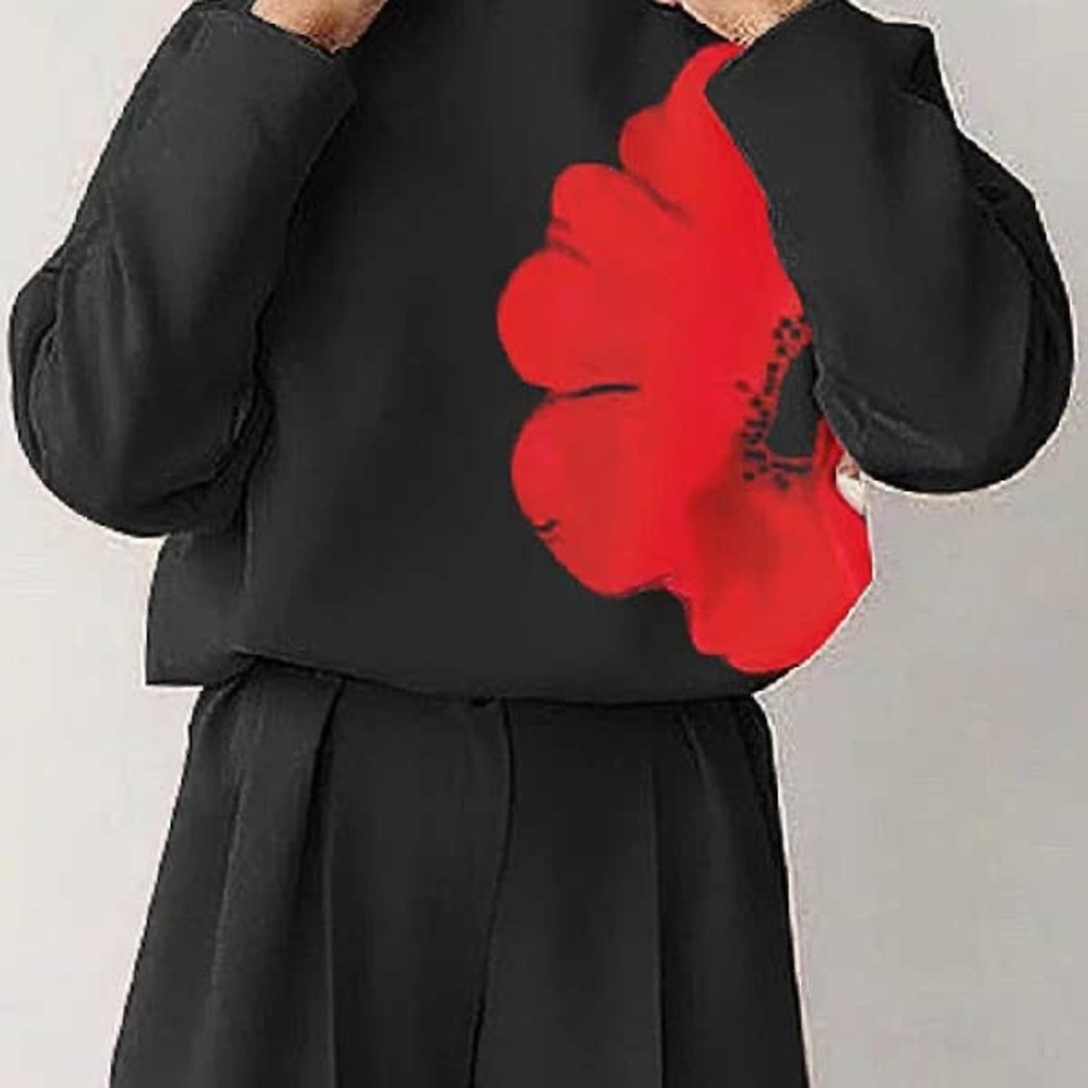 Chic Black Sweater with Red Floral Design and pant